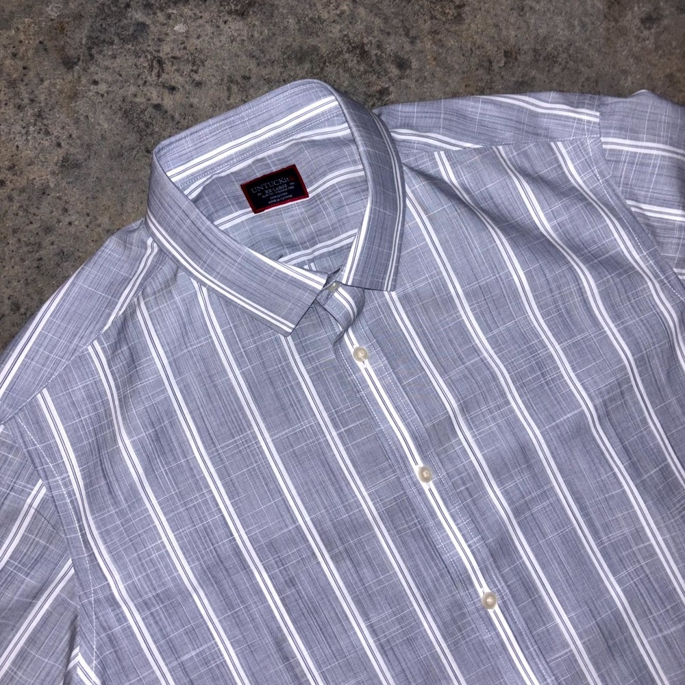 Untuckit Shirt Mens 2XL Grey Striped Cotton Wrinkle Free Slim Fit Button Up